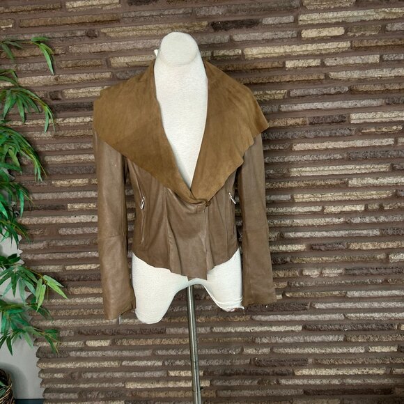 Kors Michael Kors Brown Leather Jacket Suede Moto Waterfall Y2K Designer Medium - Picture 12 of 13